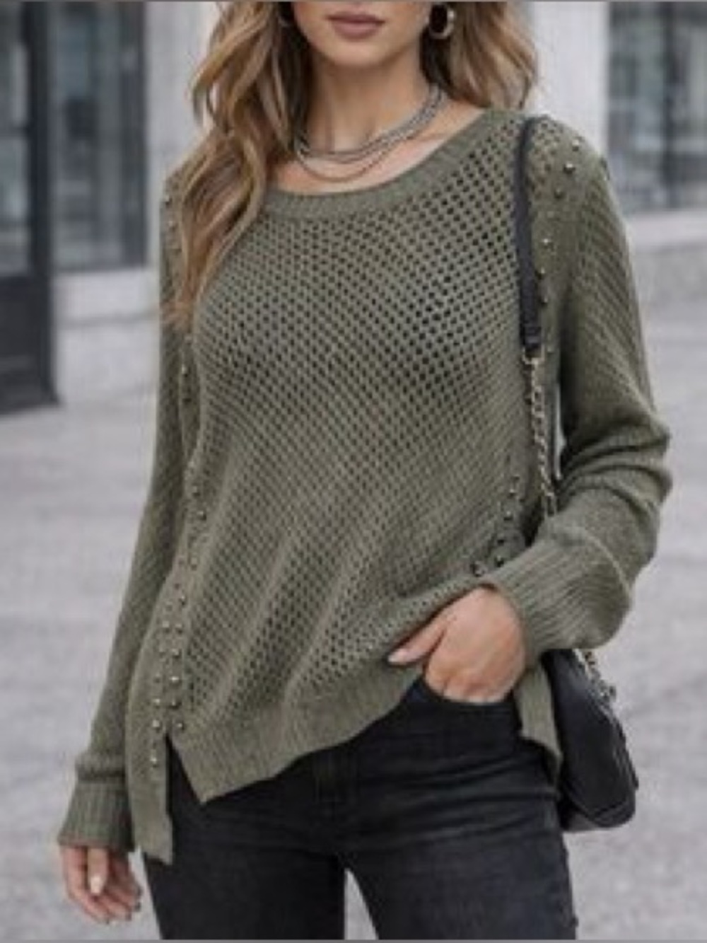 Rock and republic green studded open weave mesh sweater